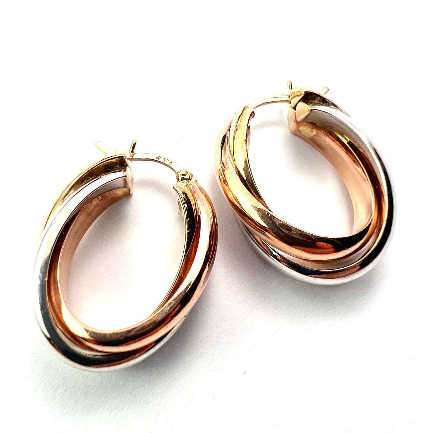 Vintage Three Colour 9CT Gold Hoop Earrings