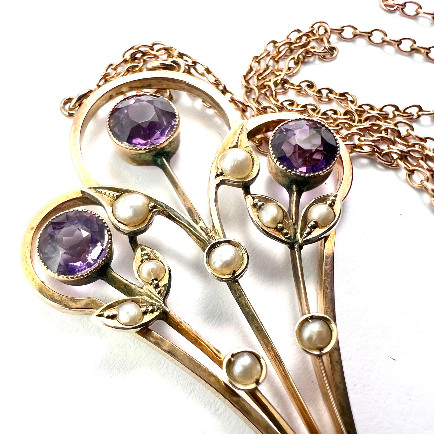 Large Edwardian 9CT Gold Amethyst and Pearl Necklace