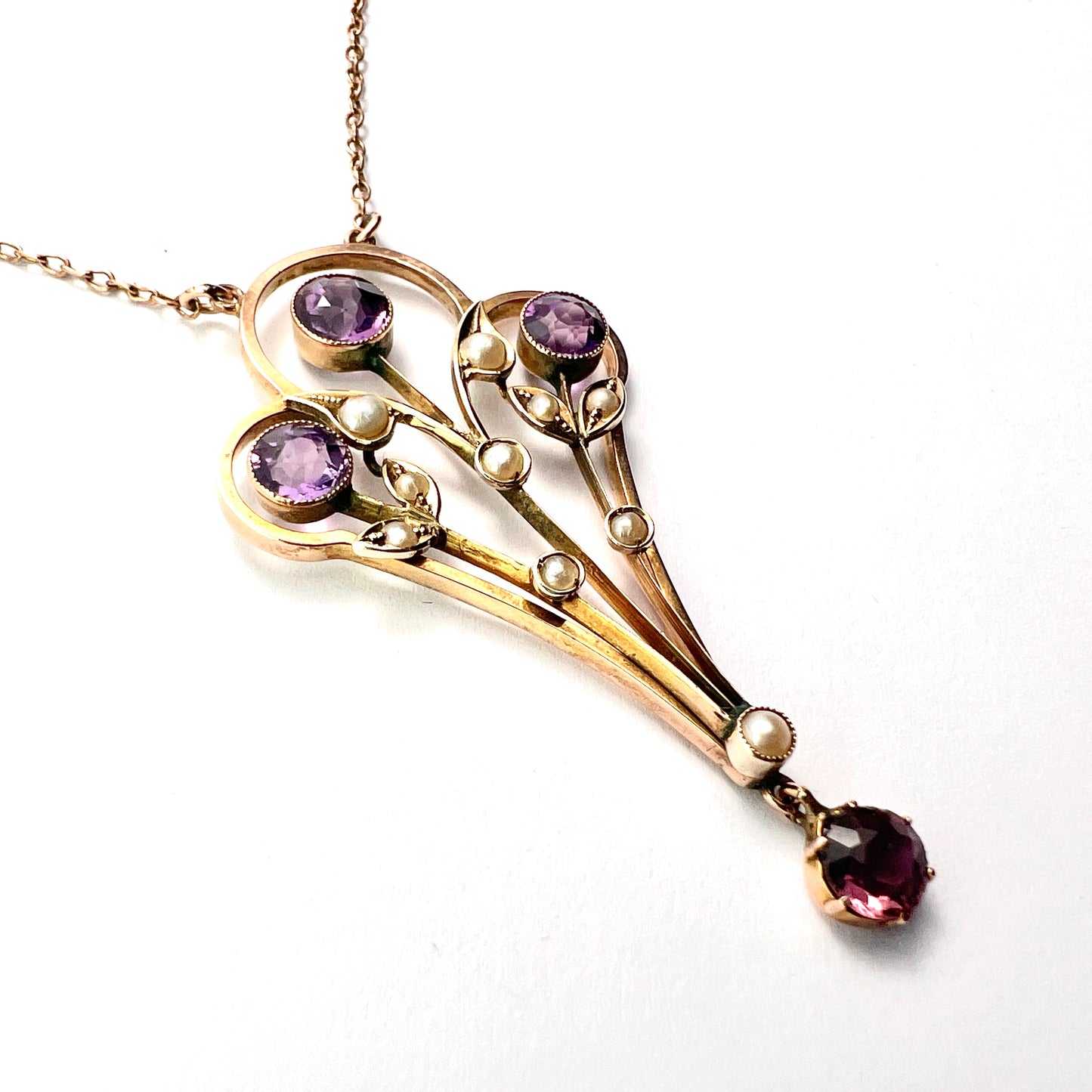 Large Edwardian 9CT Gold Amethyst and Pearl Necklace