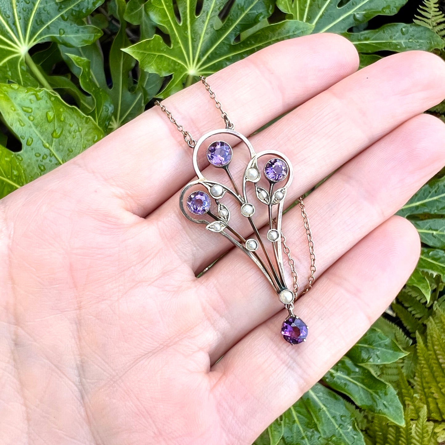 Large Edwardian 9CT Gold Amethyst and Pearl Necklace