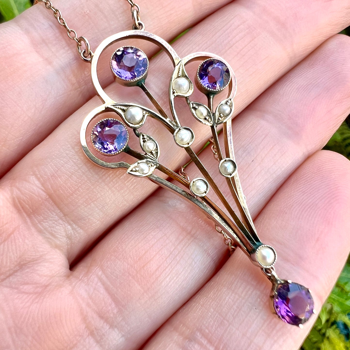 Large Edwardian 9CT Gold Amethyst and Pearl Necklace