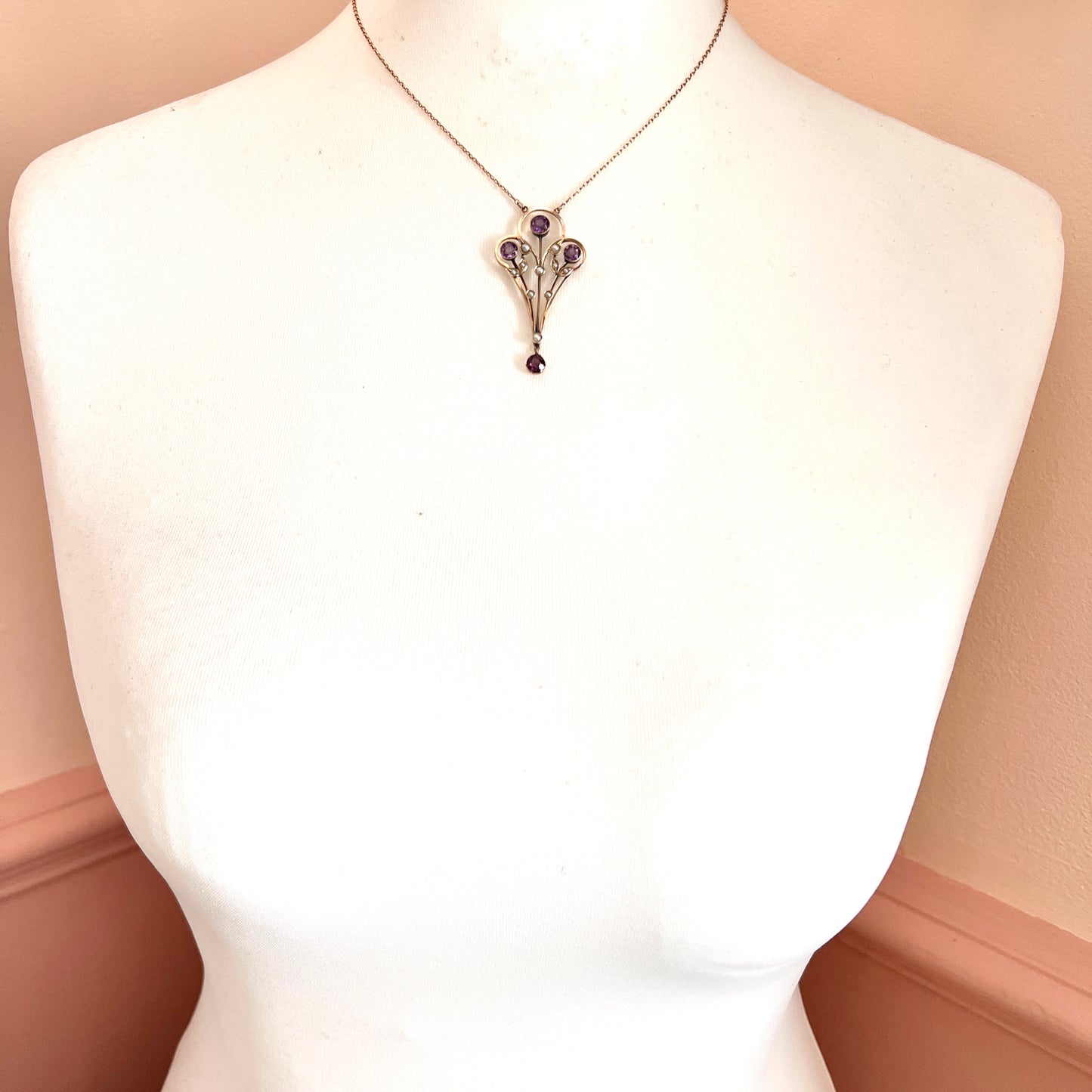 Large Edwardian 9CT Gold Amethyst and Pearl Necklace