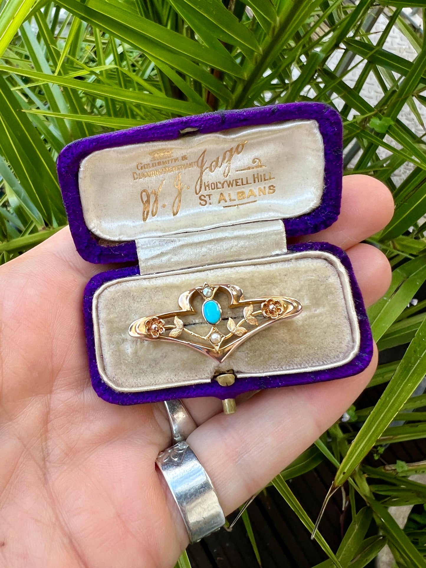 Edwardian 9CT Gold Turquoise Pearl Floral Brooch