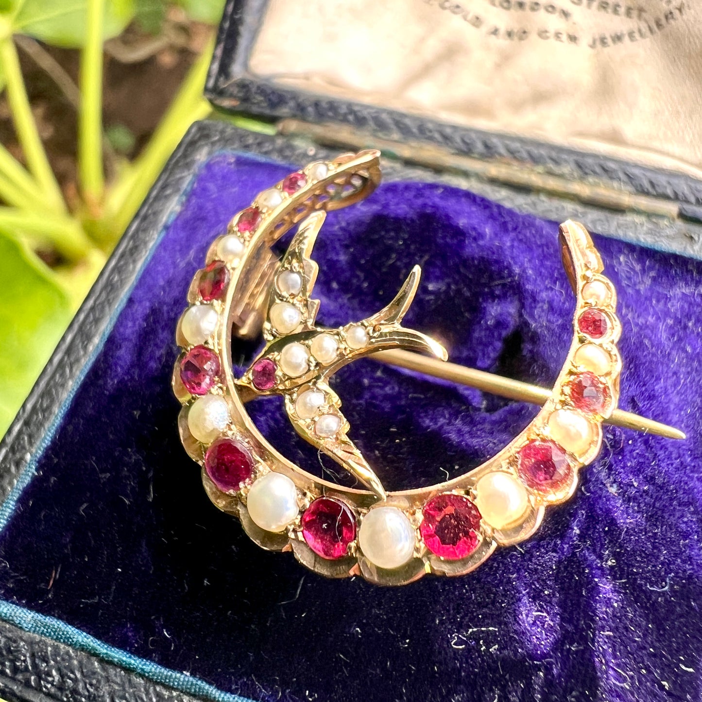 Antique Ruby and Pearl 9CT Gold Swallow and Crescent Brooch