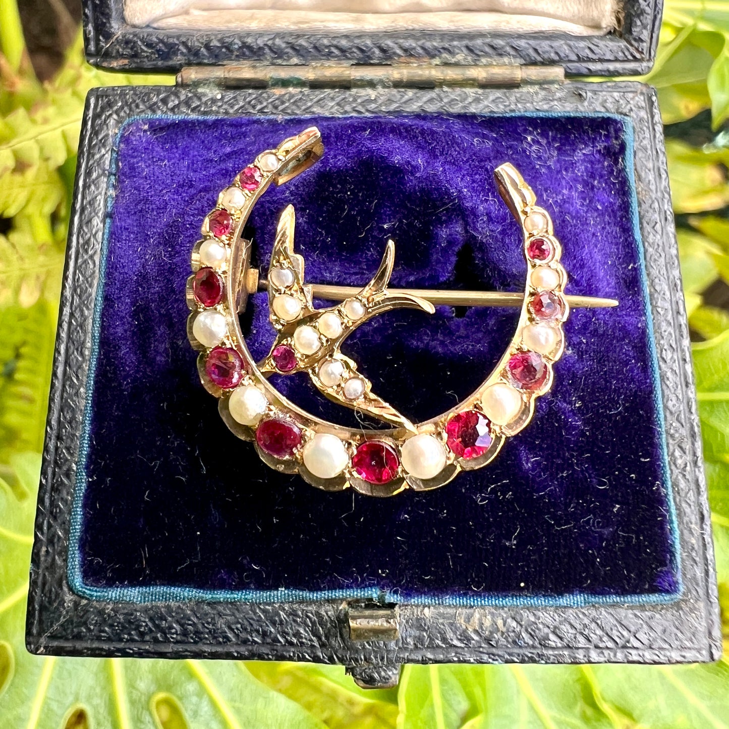 Antique Ruby and Pearl 9CT Gold Swallow and Crescent Brooch