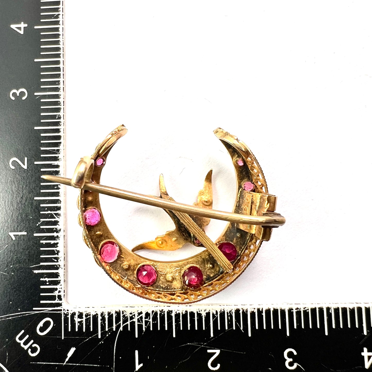 Antique Ruby and Pearl 9CT Gold Swallow and Crescent Brooch