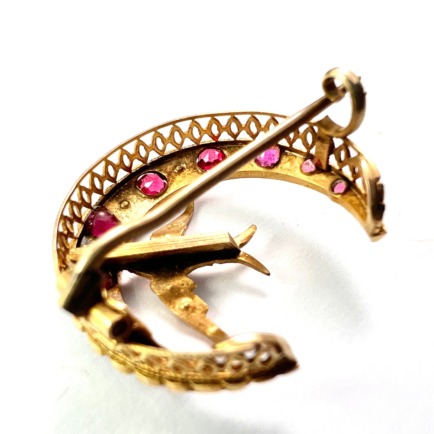 Antique Ruby and Pearl 9CT Gold Swallow and Crescent Brooch