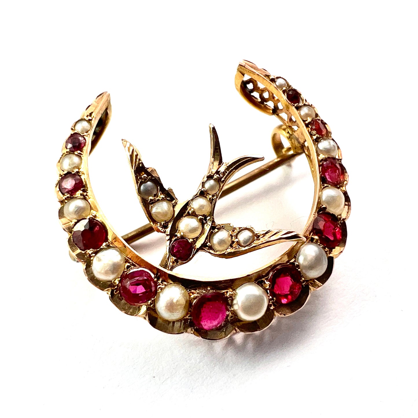 Antique Ruby and Pearl 9CT Gold Swallow and Crescent Brooch