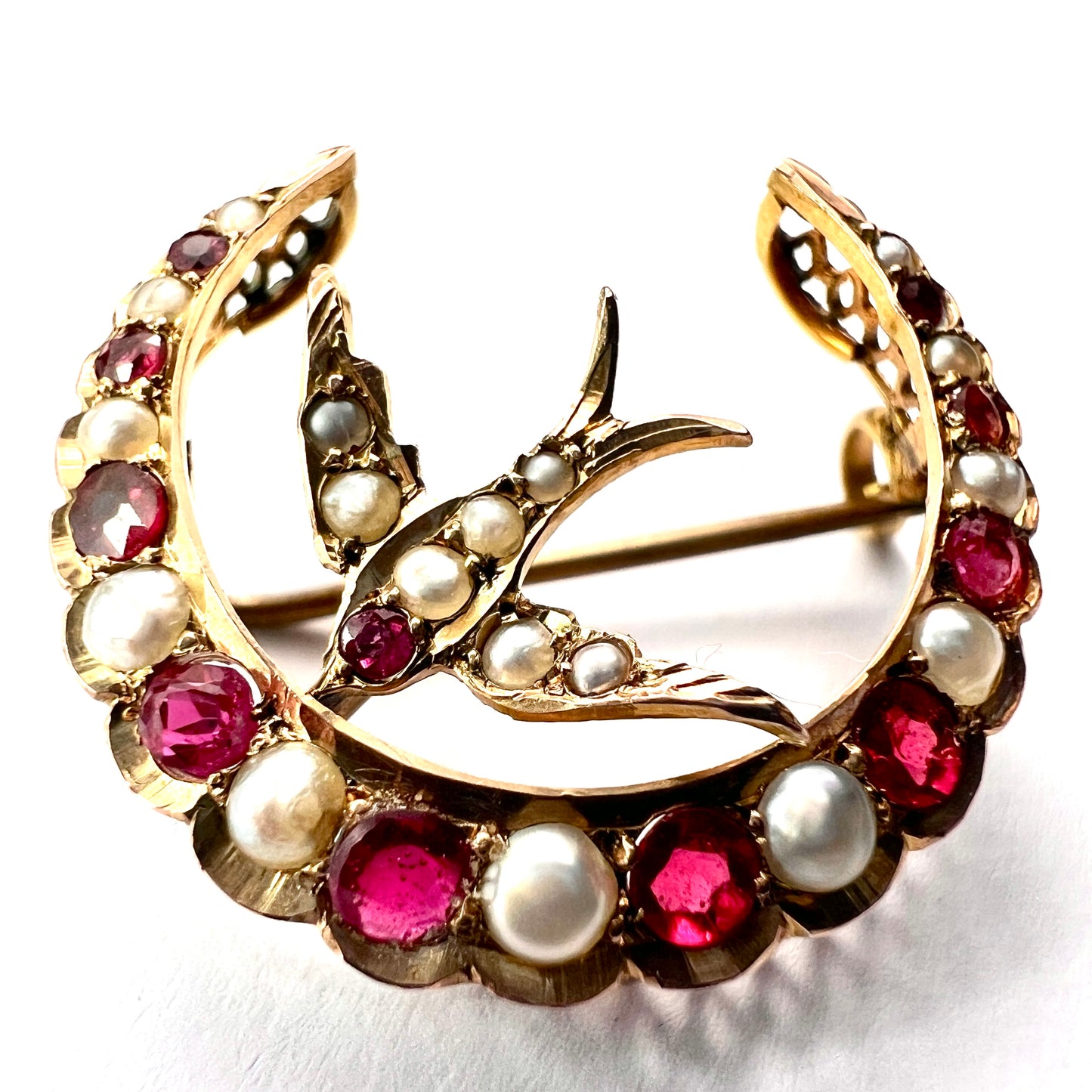 Antique Ruby and Pearl 9CT Gold Swallow and Crescent Brooch
