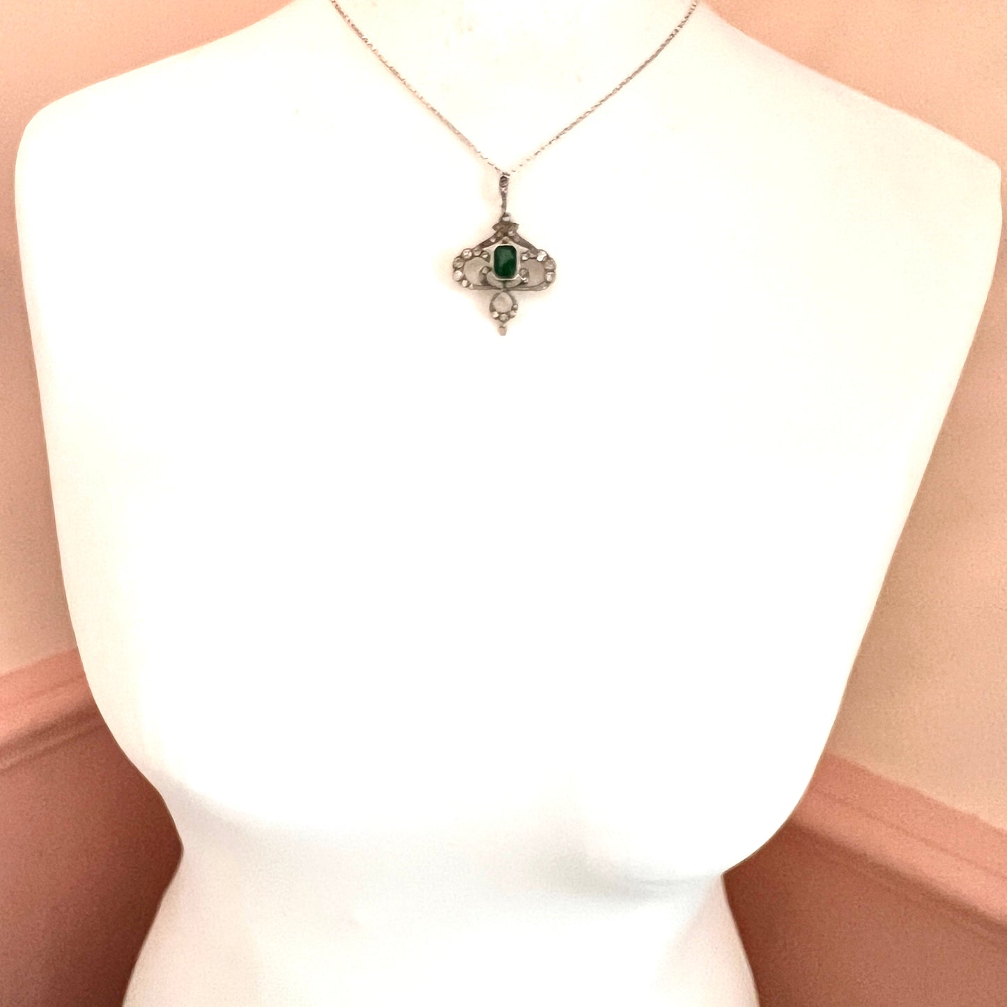 Art Nouveau Edwardian Silver Emerald Paste Pendant