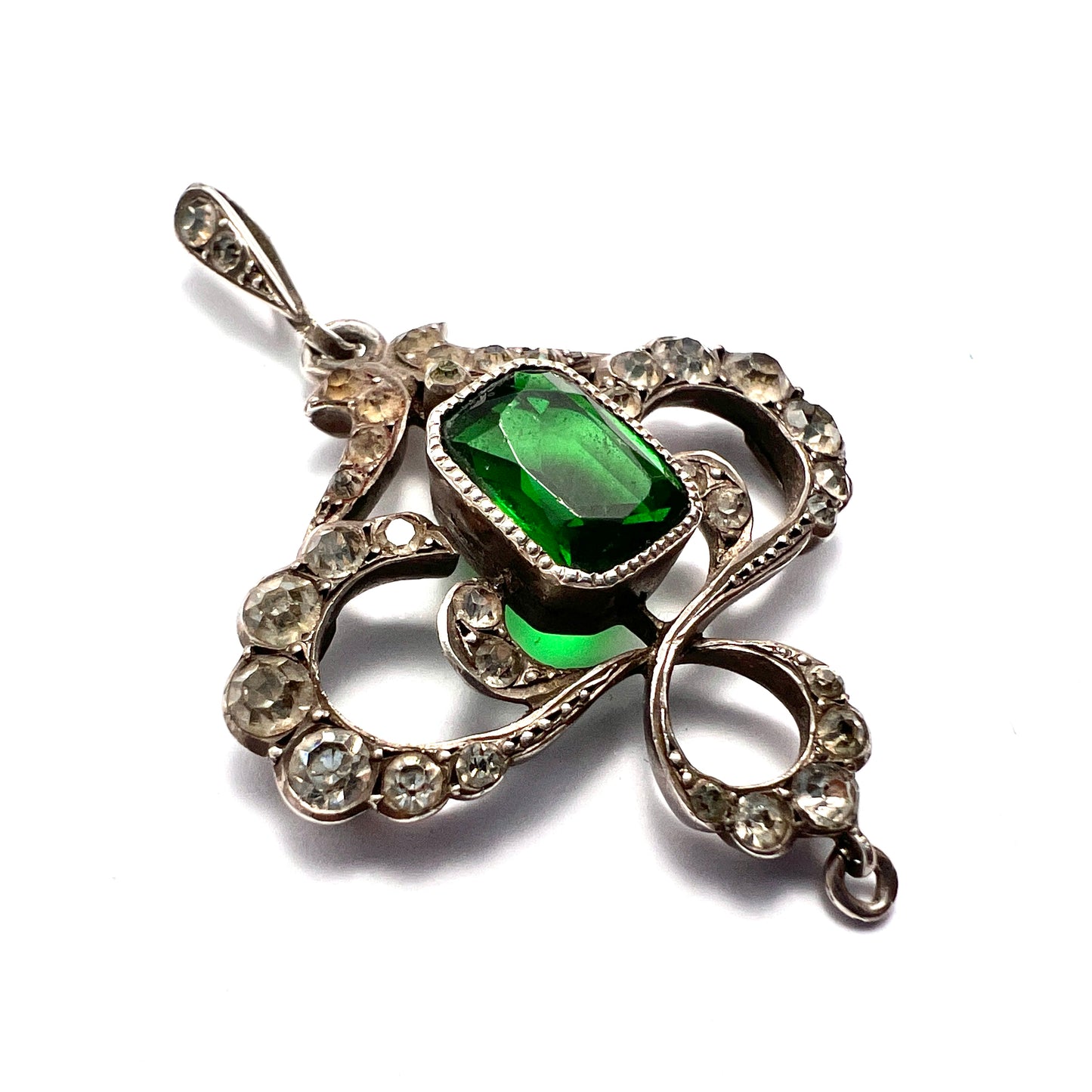 Art Nouveau Edwardian Silver Emerald Paste Pendant