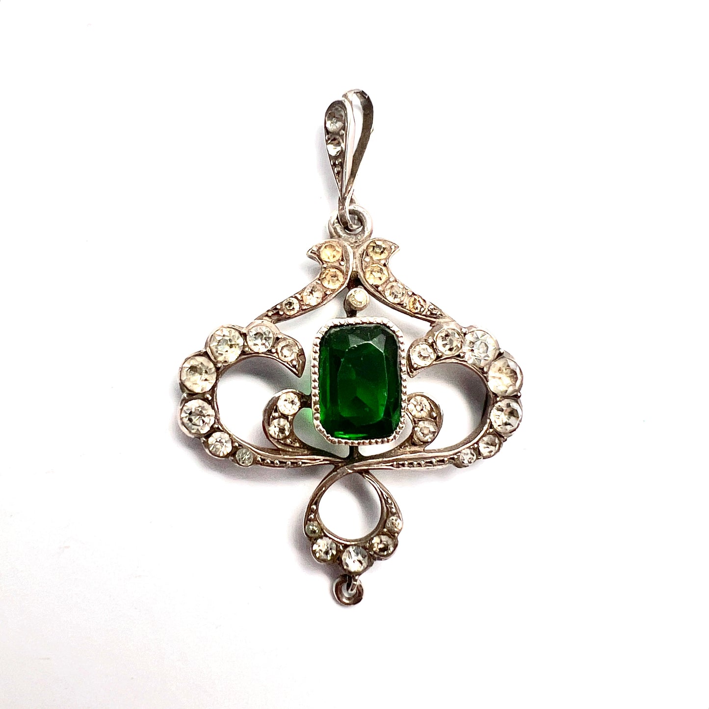 Art Nouveau Edwardian Silver Emerald Paste Pendant