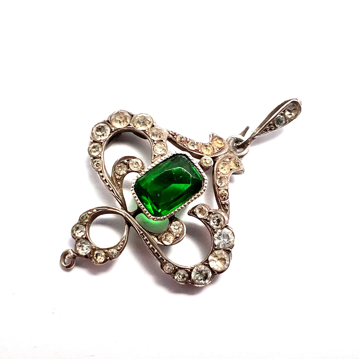 Art Nouveau Edwardian Silver Emerald Paste Pendant