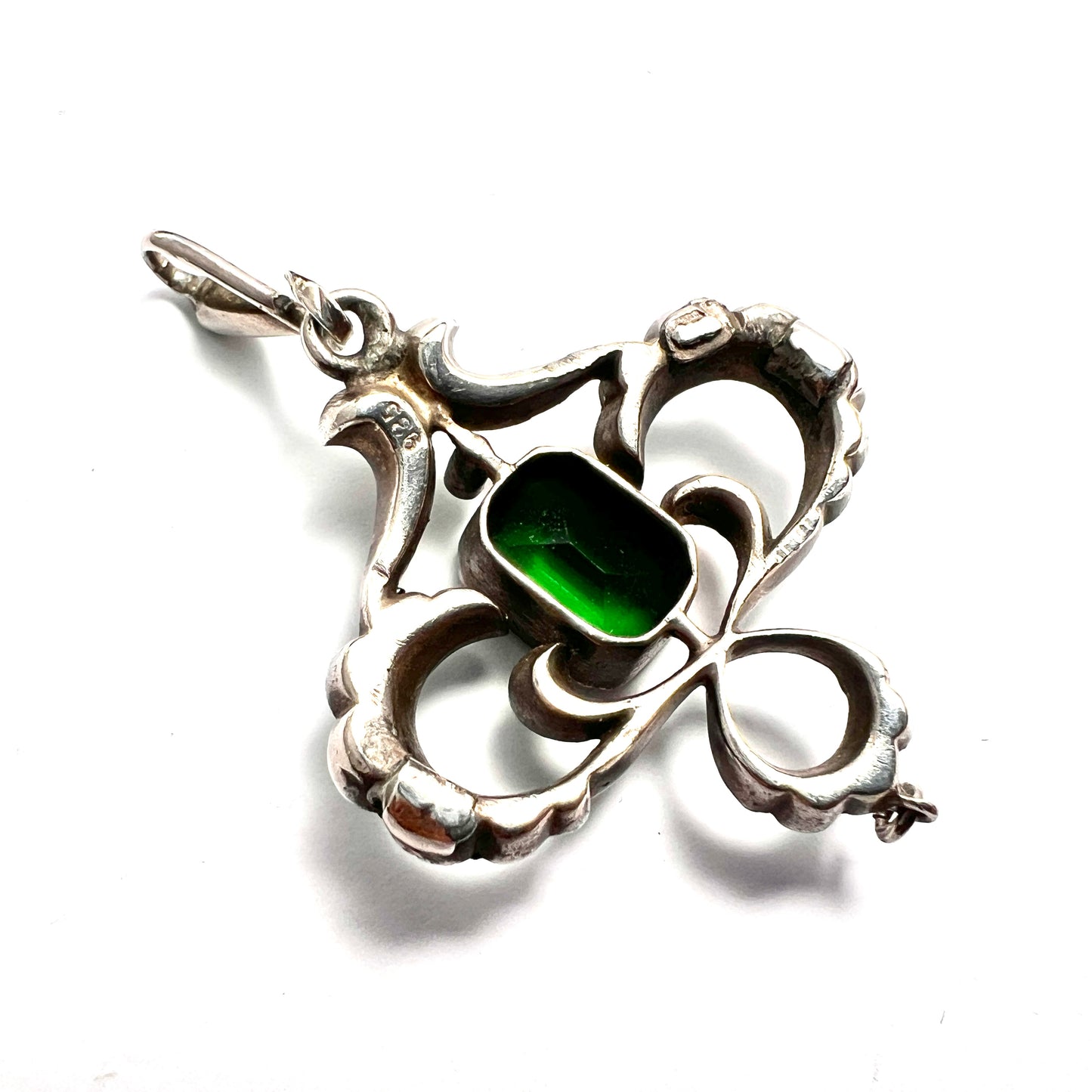 Art Nouveau Edwardian Silver Emerald Paste Pendant