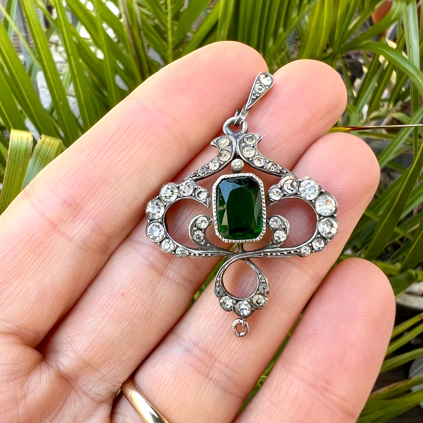 Art Nouveau Edwardian Silver Emerald Paste Pendant