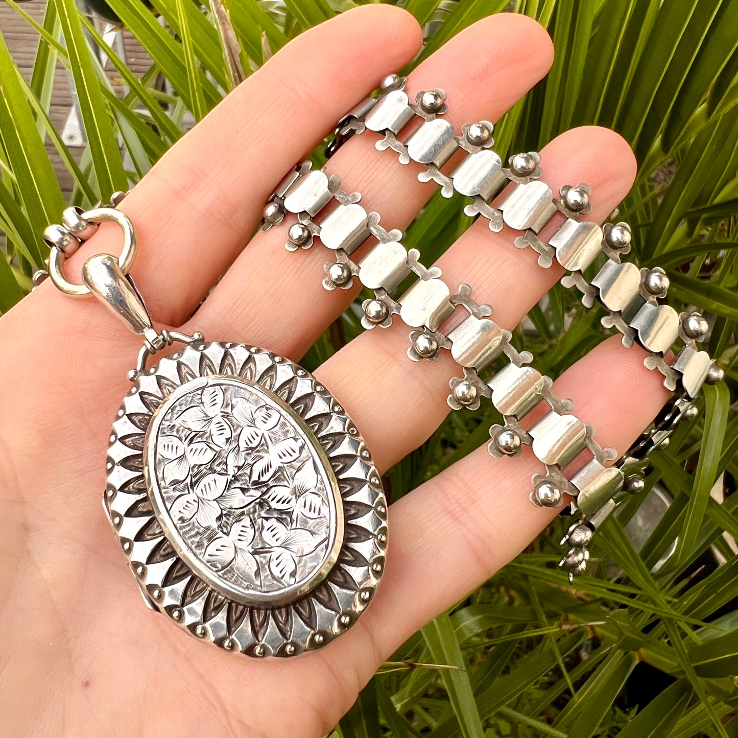 Victorian Large Locket Silver Book Chain Necklace