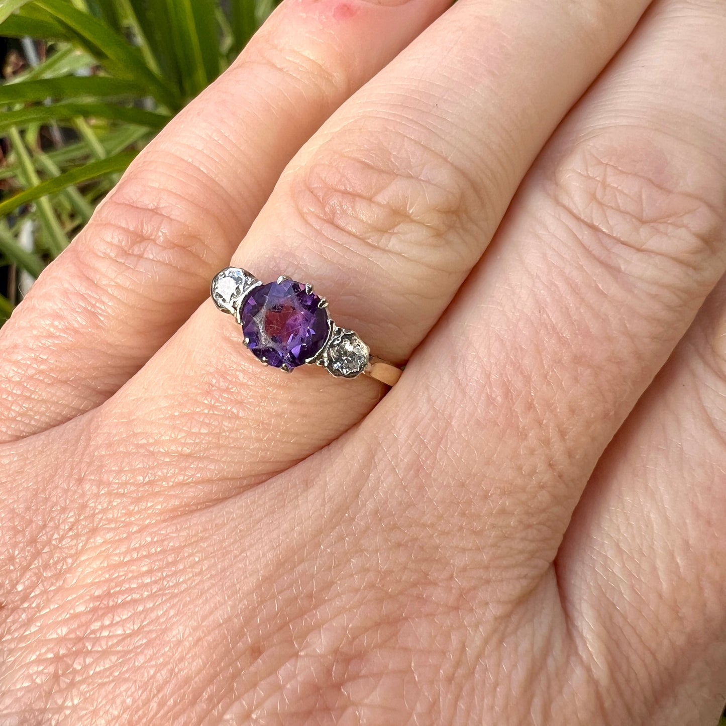 Antique 18CT Gold, Platinum, Diamond and Amethyst Ring