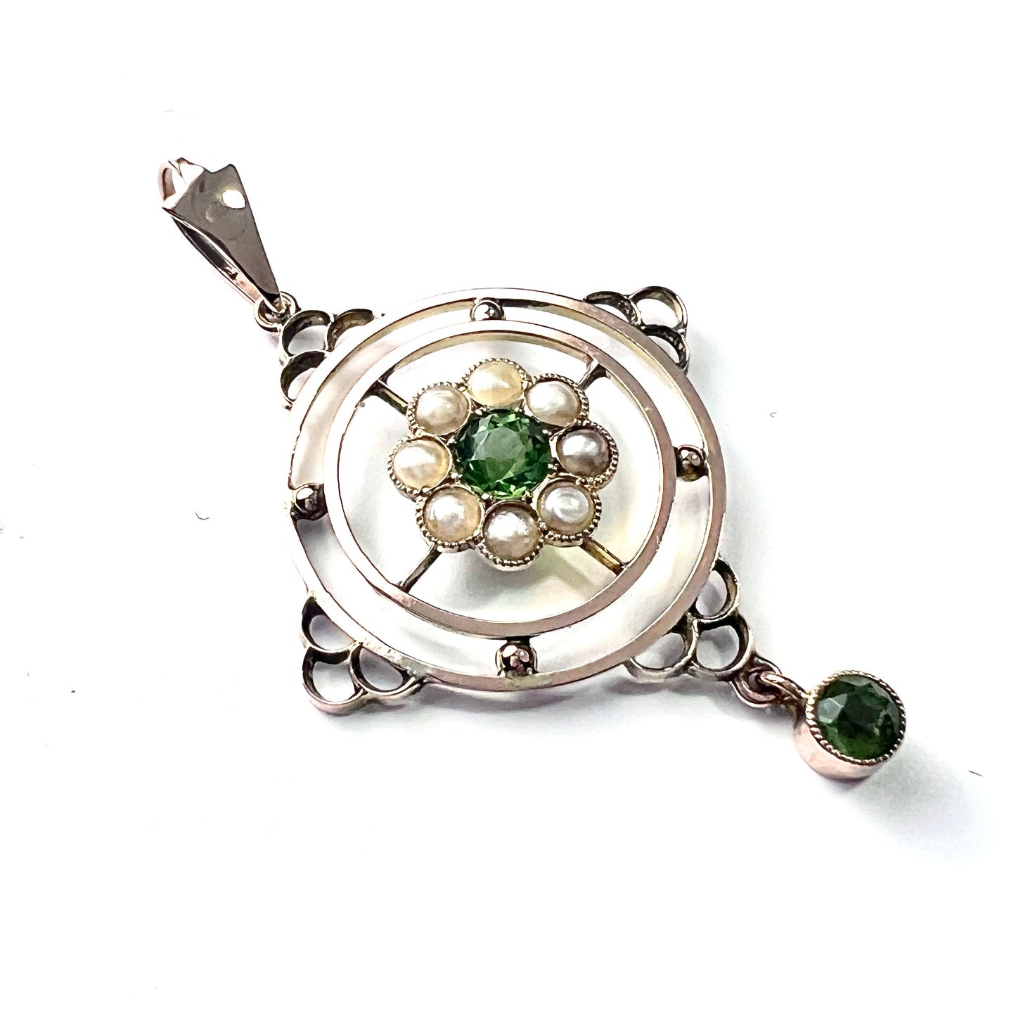 Edwardian 9CT Gold Paste Peridot and Seed Pearl Pendant