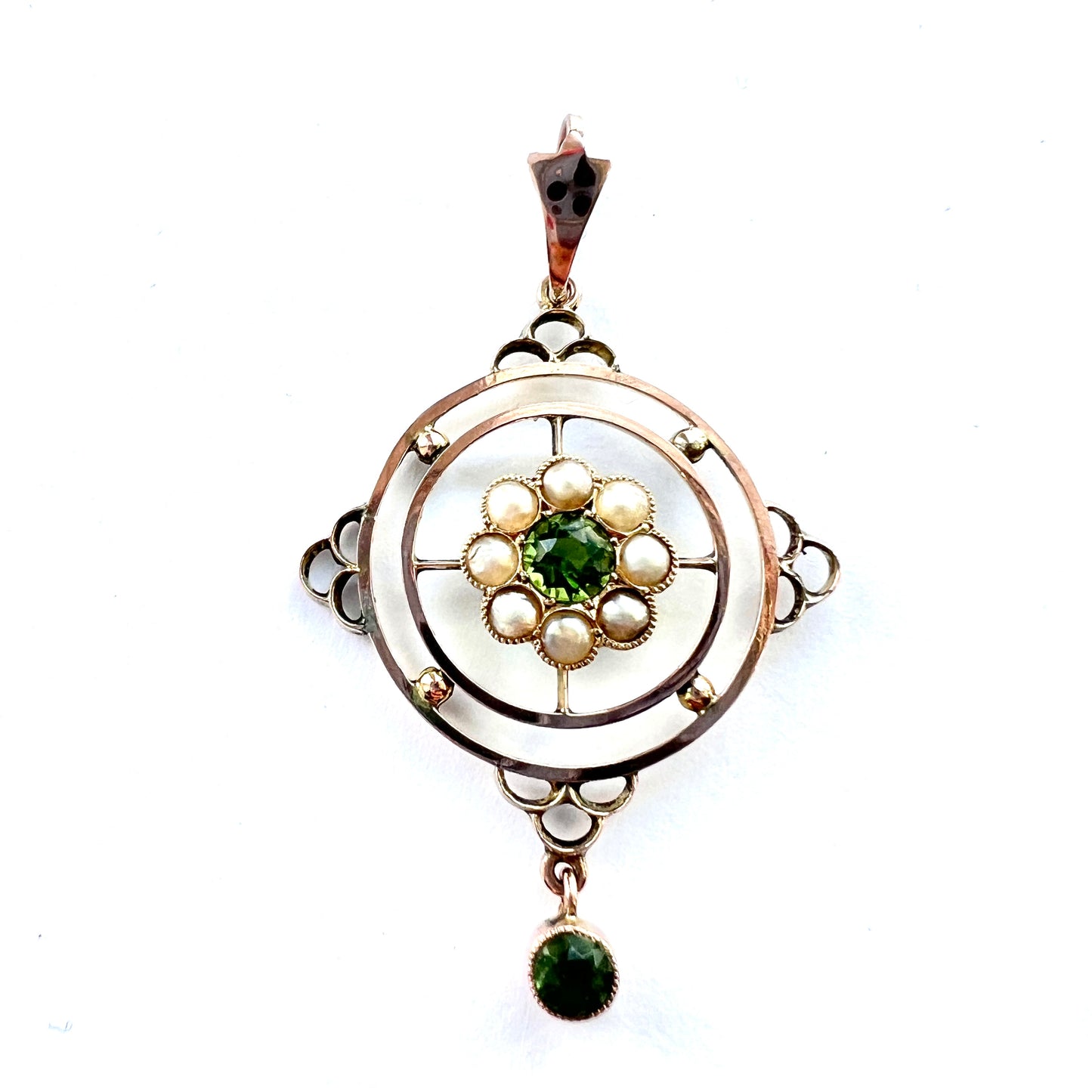Edwardian 9CT Gold Paste Peridot and Seed Pearl Pendant