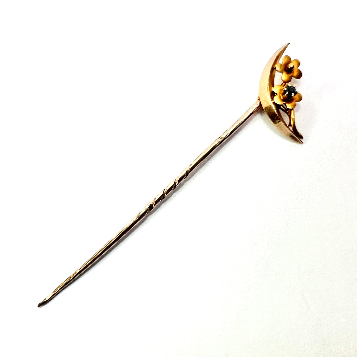 Edwardian 15CT Gold Crescent Moon and Flowers Stick Pin