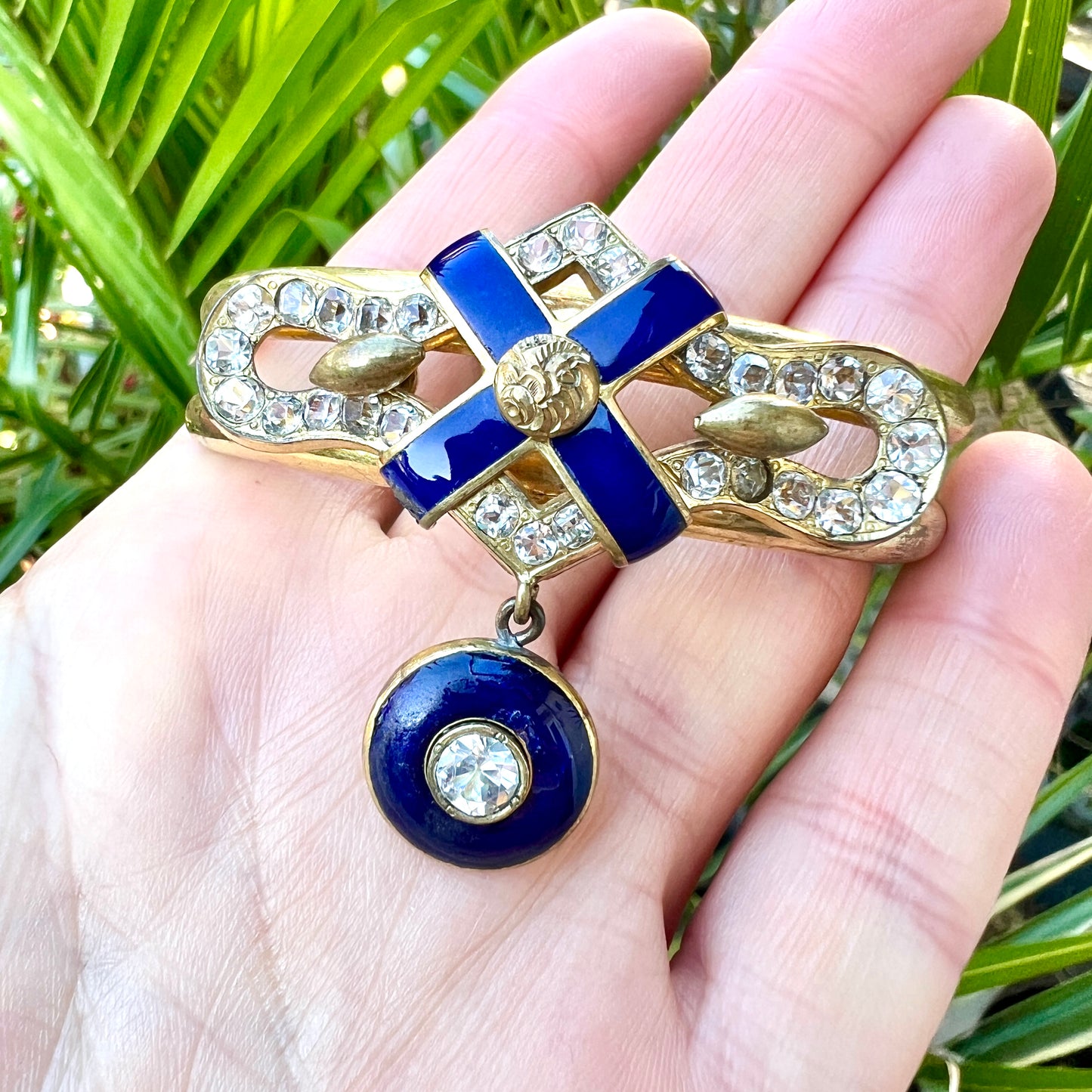 Victorian Blue Enamel Gilt Paste Bangle with Drop