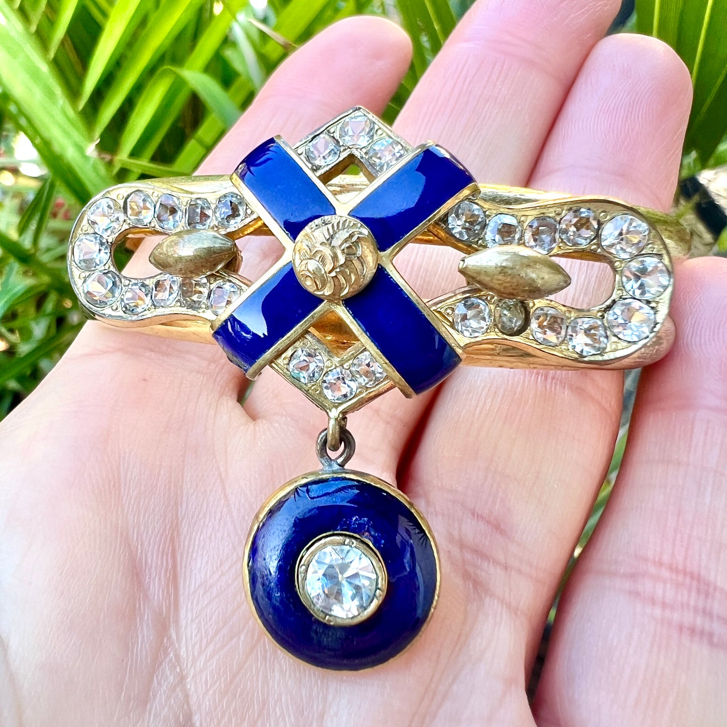 Victorian Blue Enamel Gilt Paste Bangle with Drop