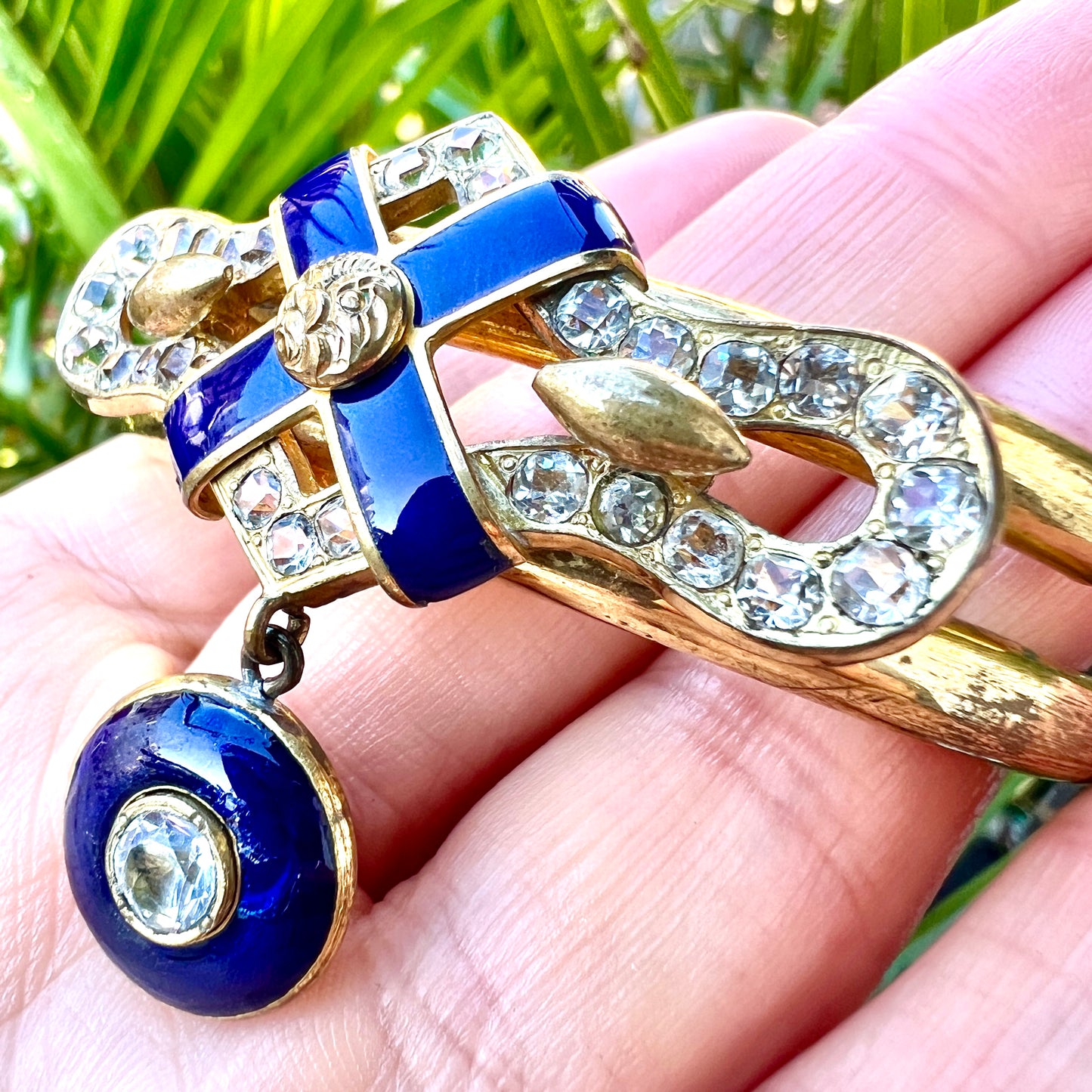 Victorian Blue Enamel Gilt Paste Bangle with Drop