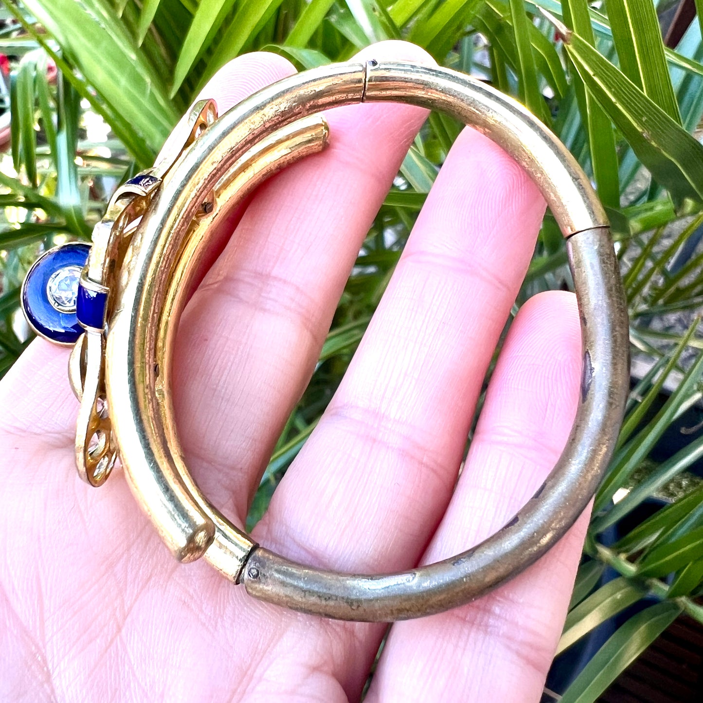 Victorian Blue Enamel Gilt Paste Bangle with Drop