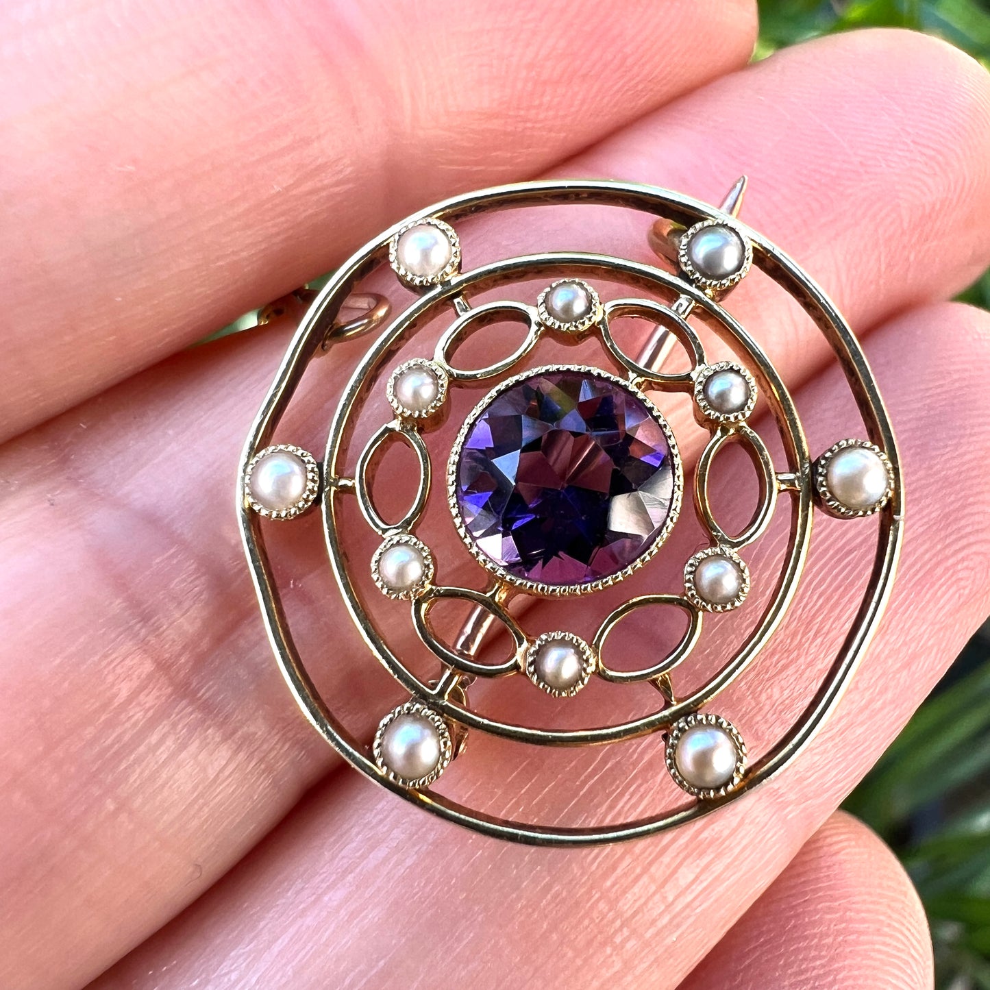 Edwardian 9CT Gold Amethyst and Pearl Target Brooch
