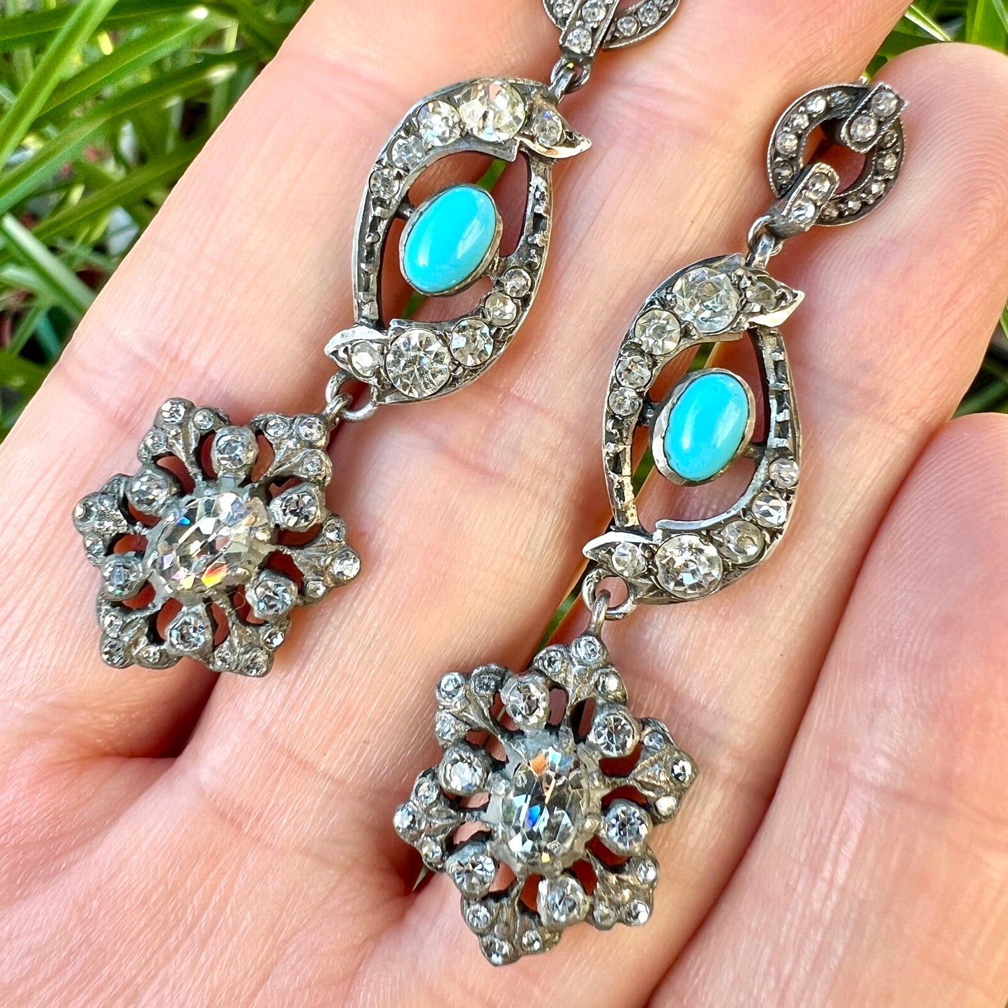 Victorian Silver Paste Turquoise Chandelier Earrings