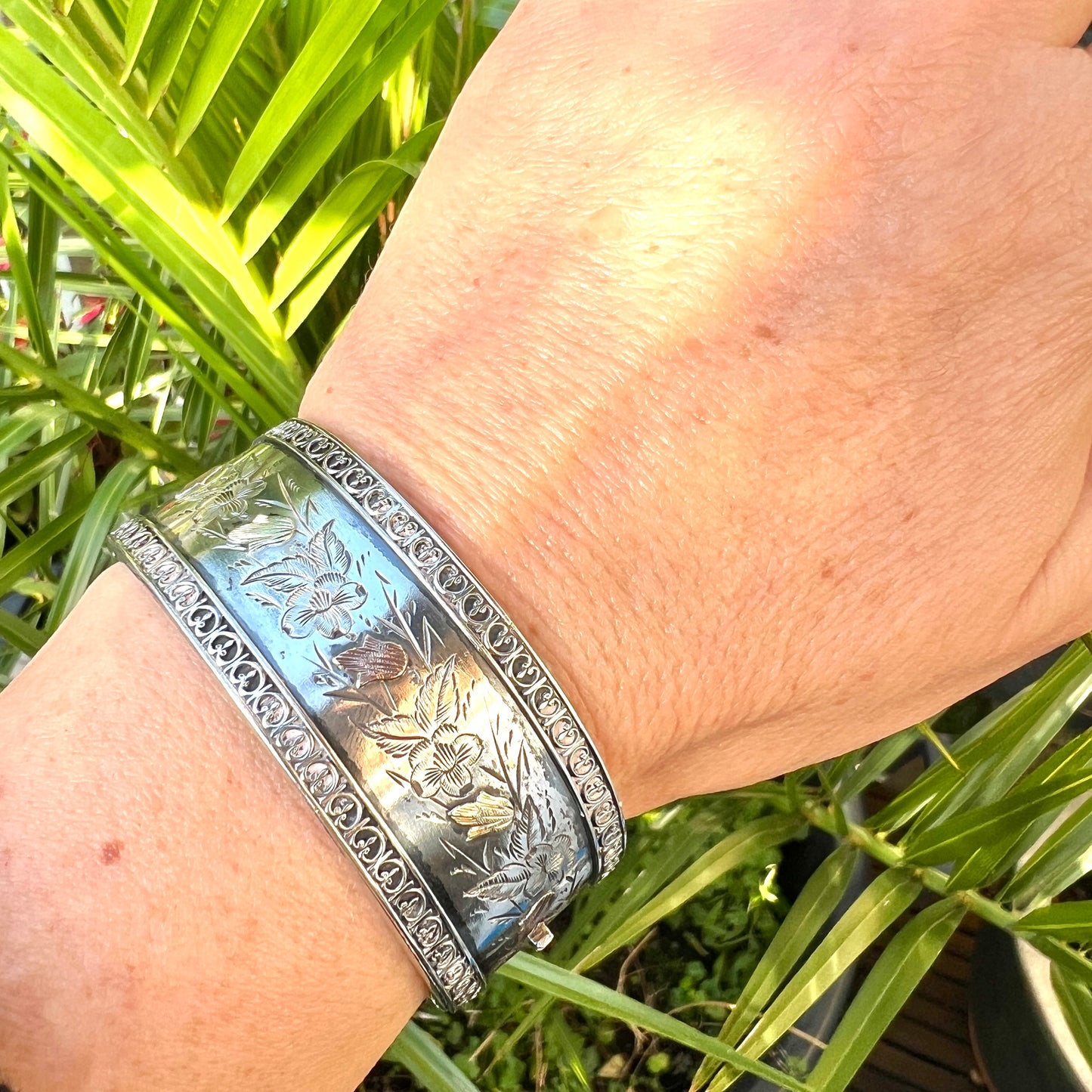 Victorian Silver and Gold Hinged Flower Bangle