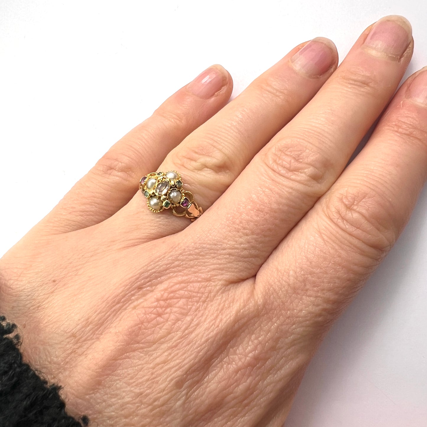 Georgian Pearl, Ruby, Emerald Gold Locket Ring