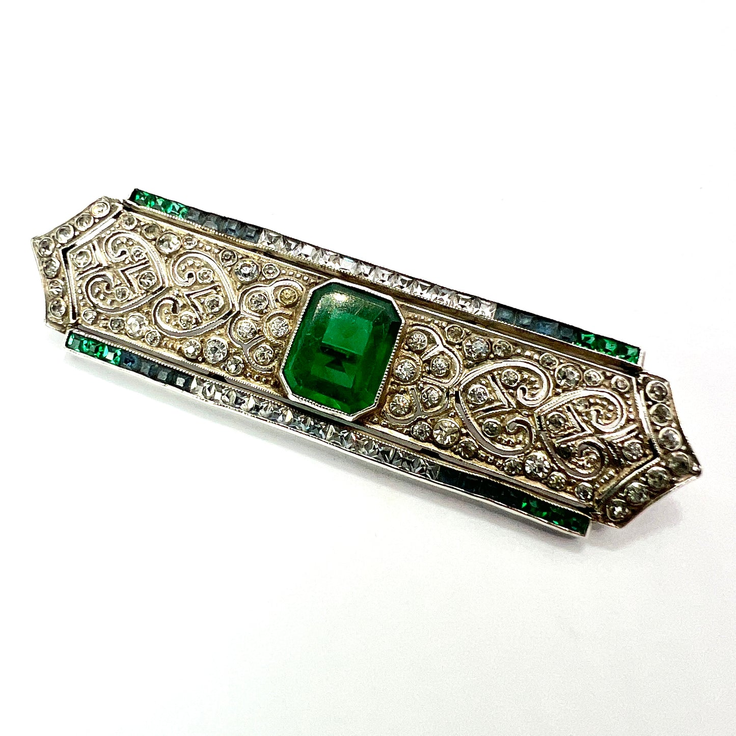 Art Deco Silver Emerald Paste Brooch by Knoll & Pregizer