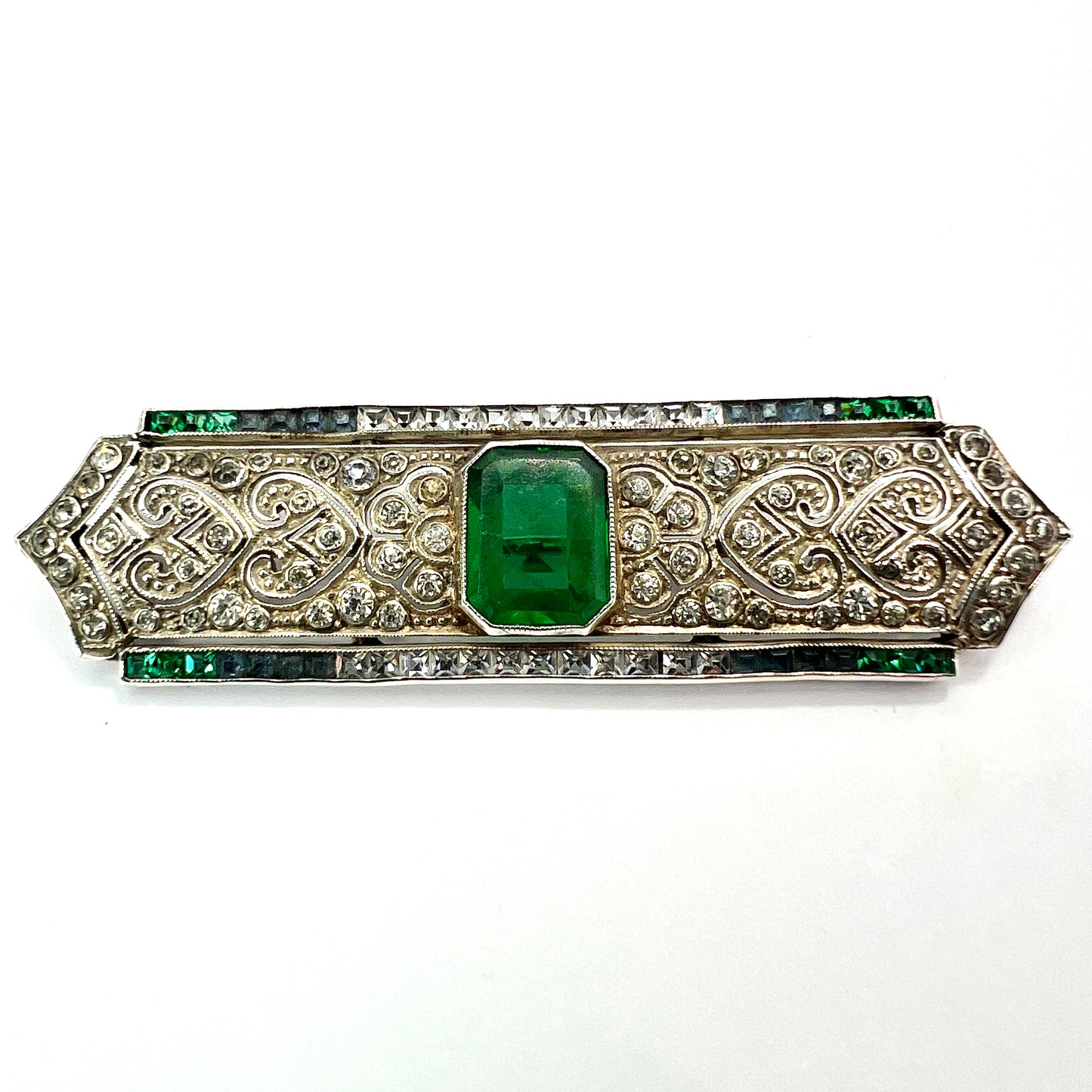 Art Deco Silver Emerald Paste Brooch by Knoll & Pregizer