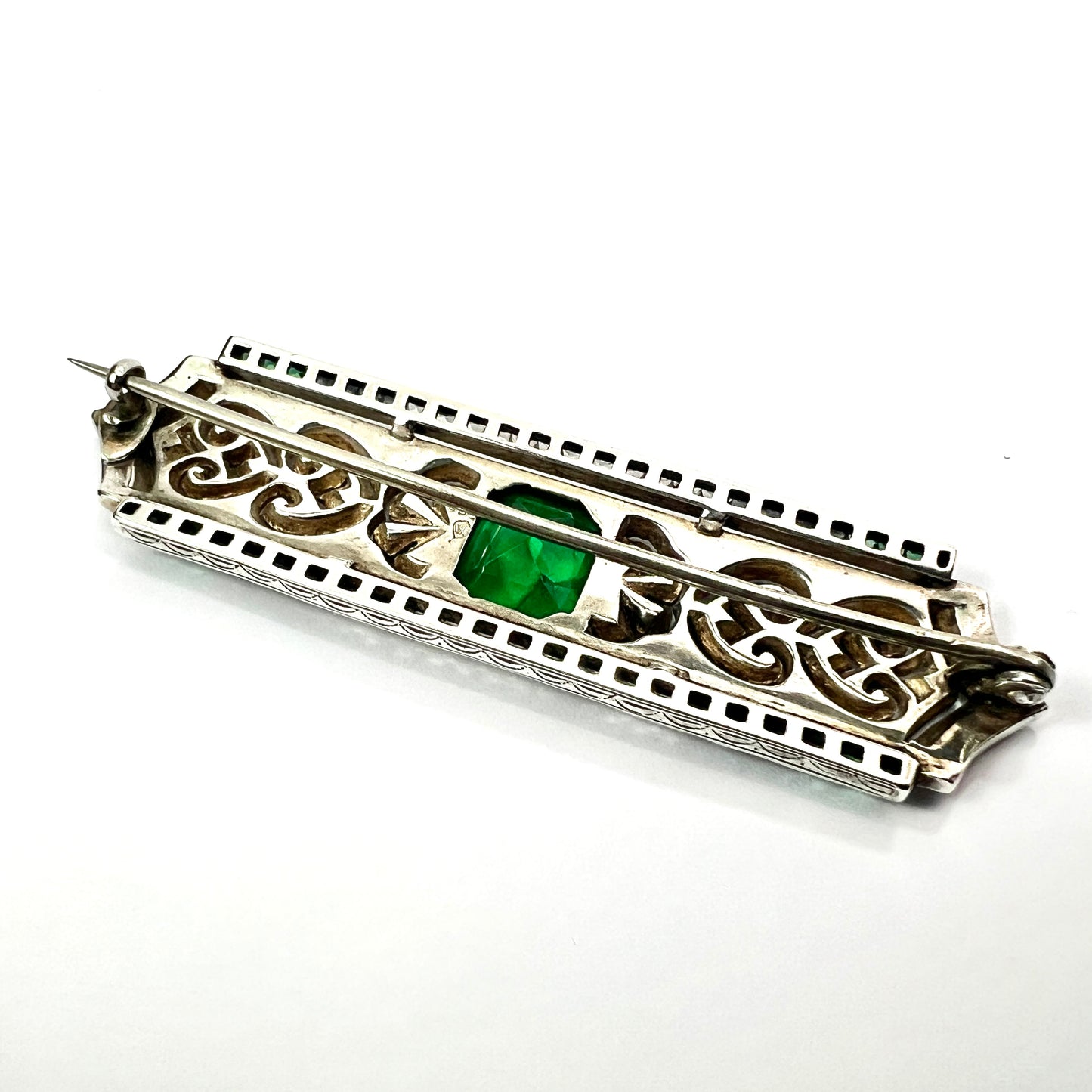 Art Deco Silver Emerald Paste Brooch by Knoll & Pregizer