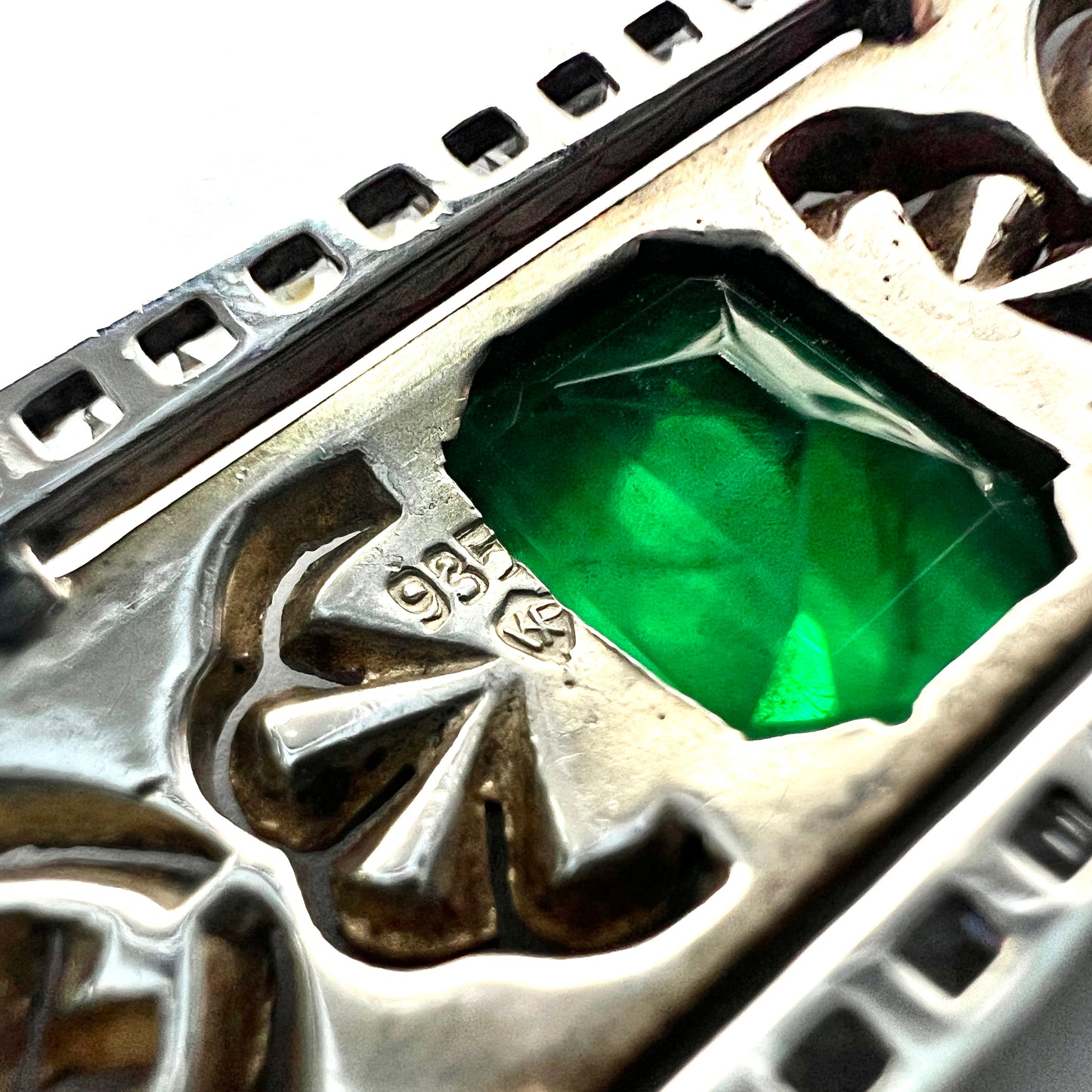 Art Deco Silver Emerald Paste Brooch by Knoll & Pregizer