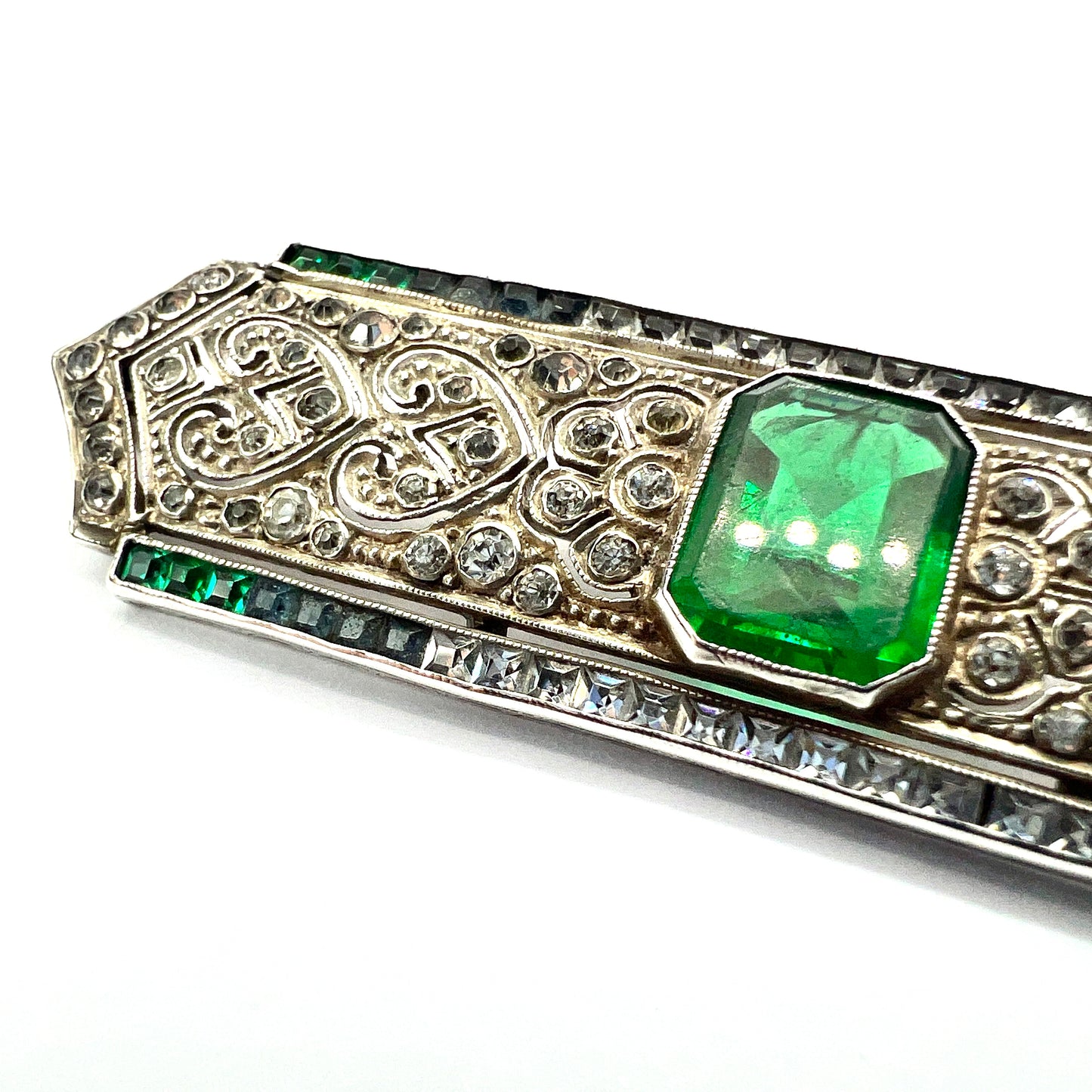 Art Deco Silver Emerald Paste Brooch by Knoll & Pregizer