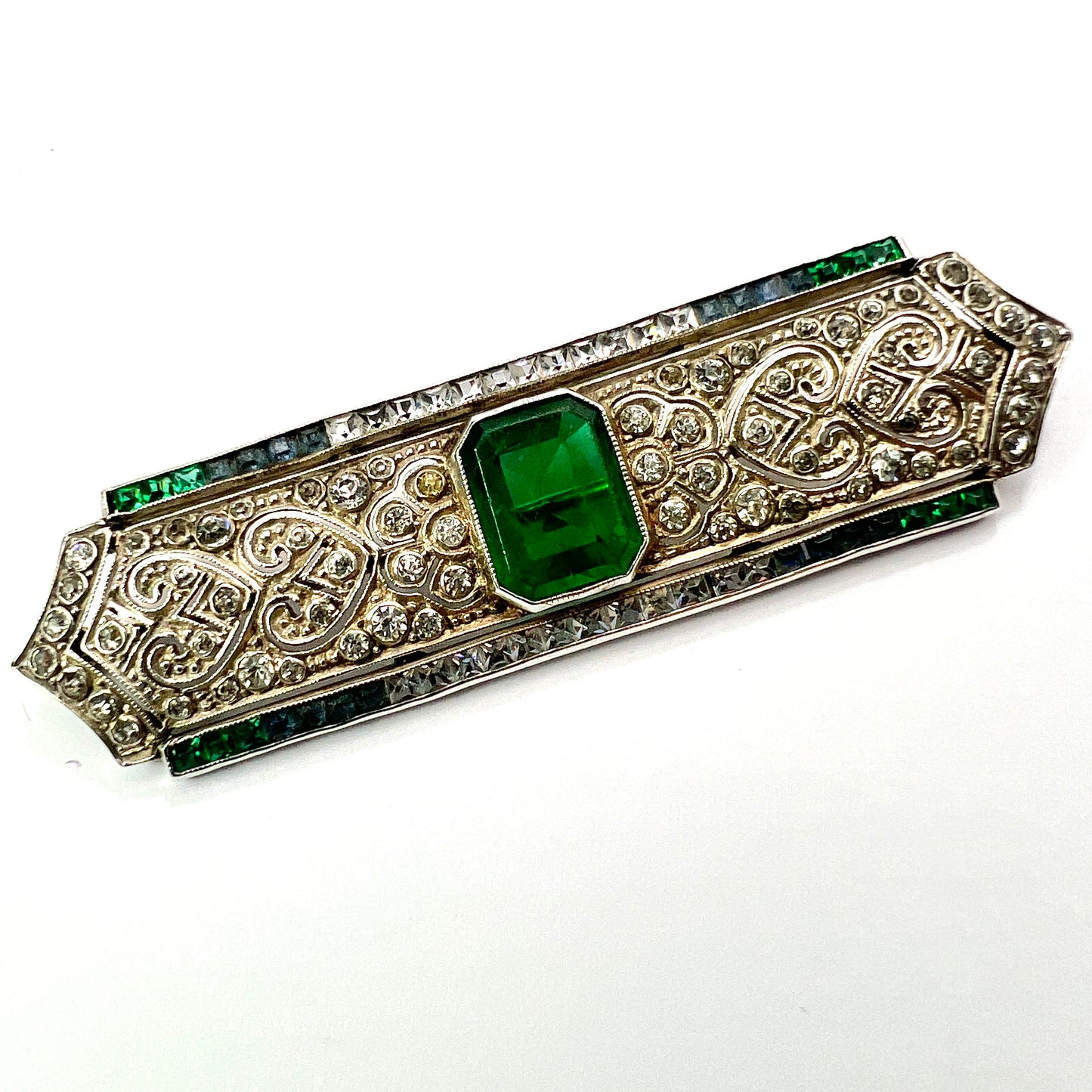Art Deco Silver Emerald Paste Brooch by Knoll & Pregizer