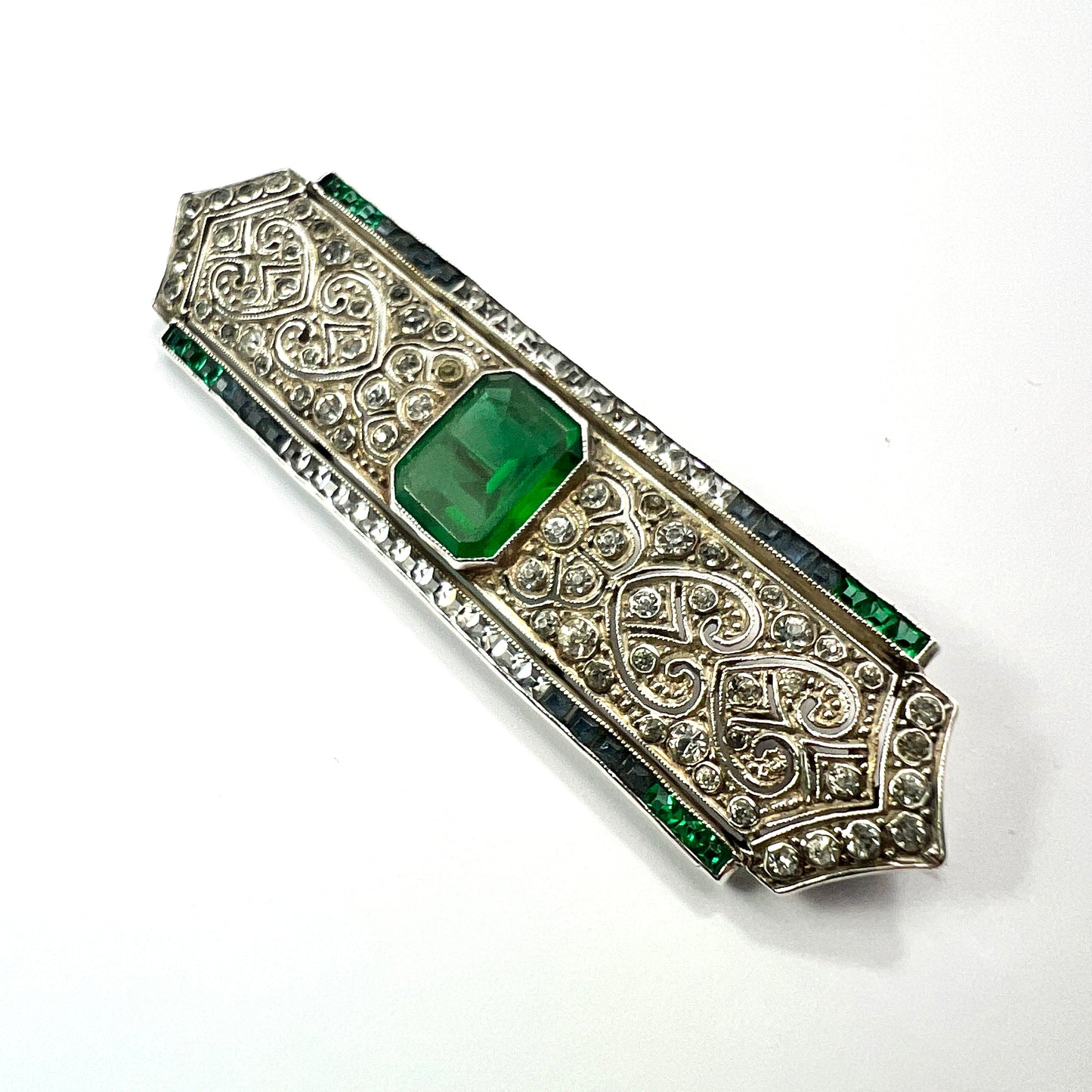 Art Deco Silver Emerald Paste Brooch by Knoll & Pregizer