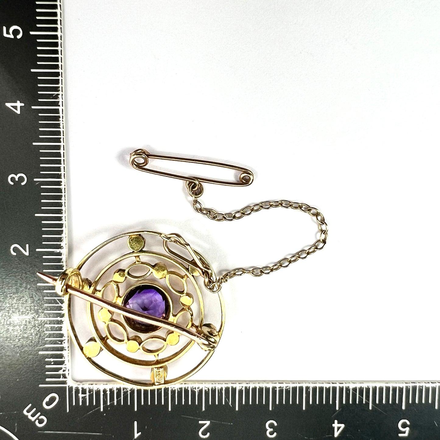 Edwardian 9CT Gold Amethyst and Pearl Target Brooch