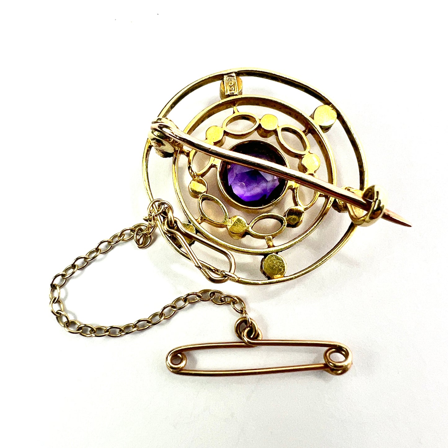 Edwardian 9CT Gold Amethyst and Pearl Target Brooch