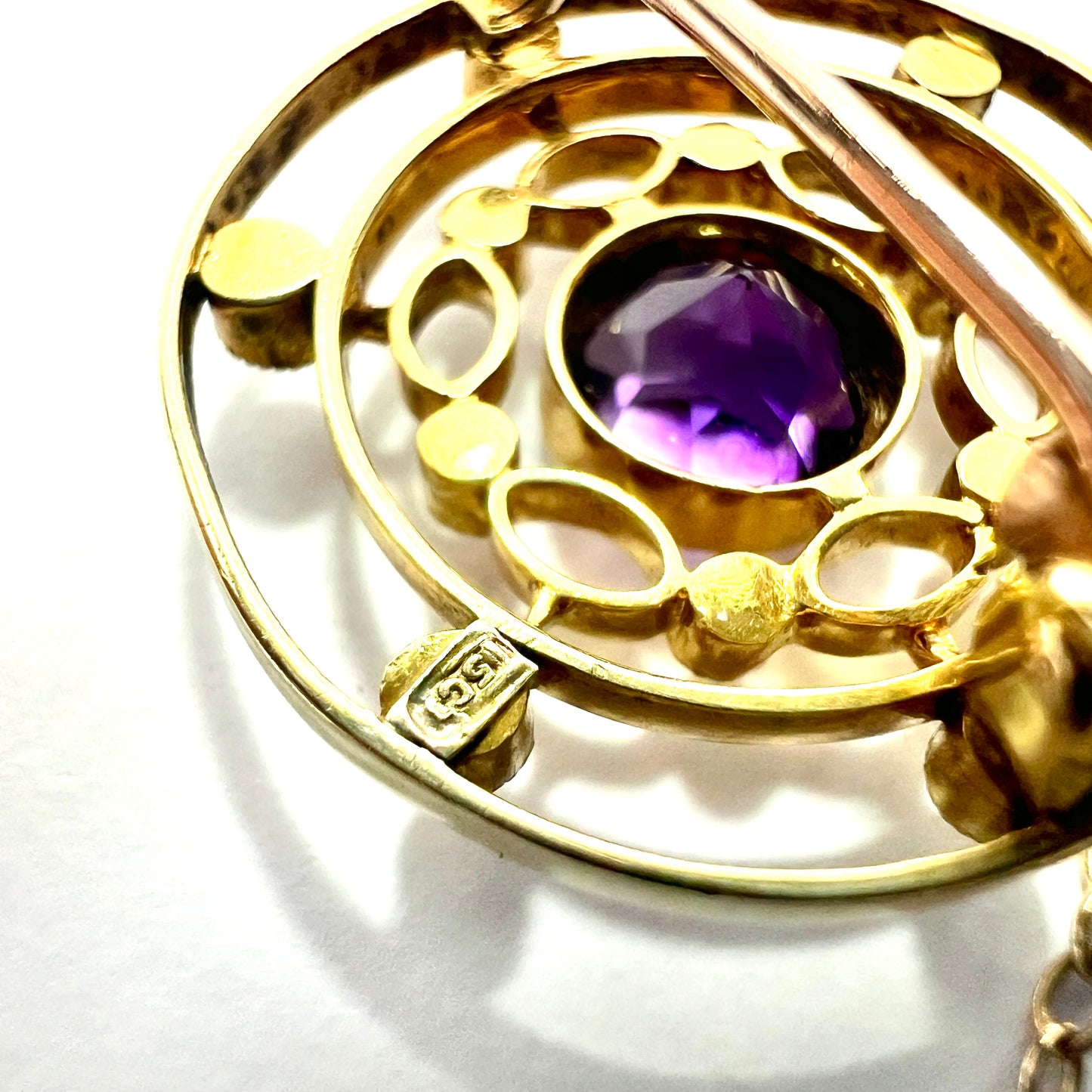 Edwardian 9CT Gold Amethyst and Pearl Target Brooch