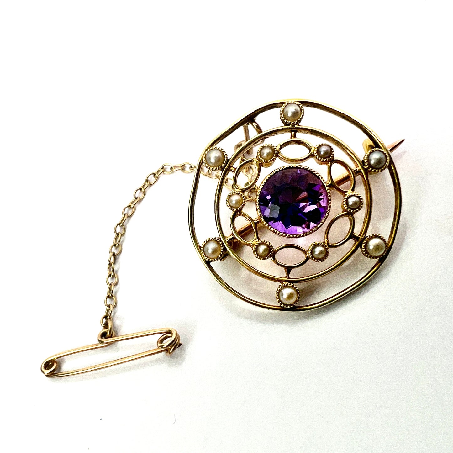 Edwardian 9CT Gold Amethyst and Pearl Target Brooch