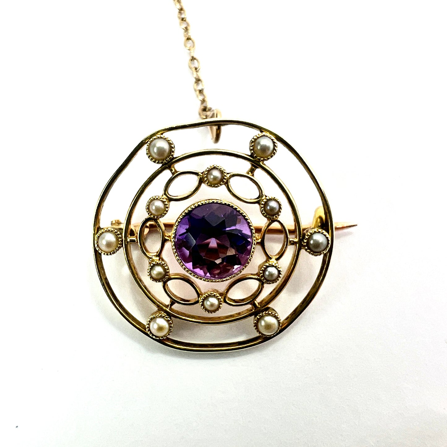 Edwardian 9CT Gold Amethyst and Pearl Target Brooch