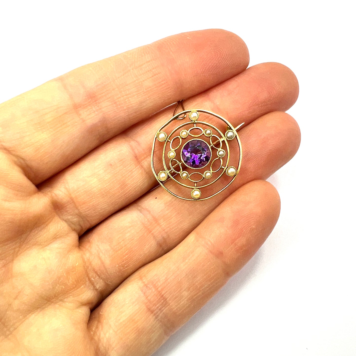 Edwardian 9CT Gold Amethyst and Pearl Target Brooch