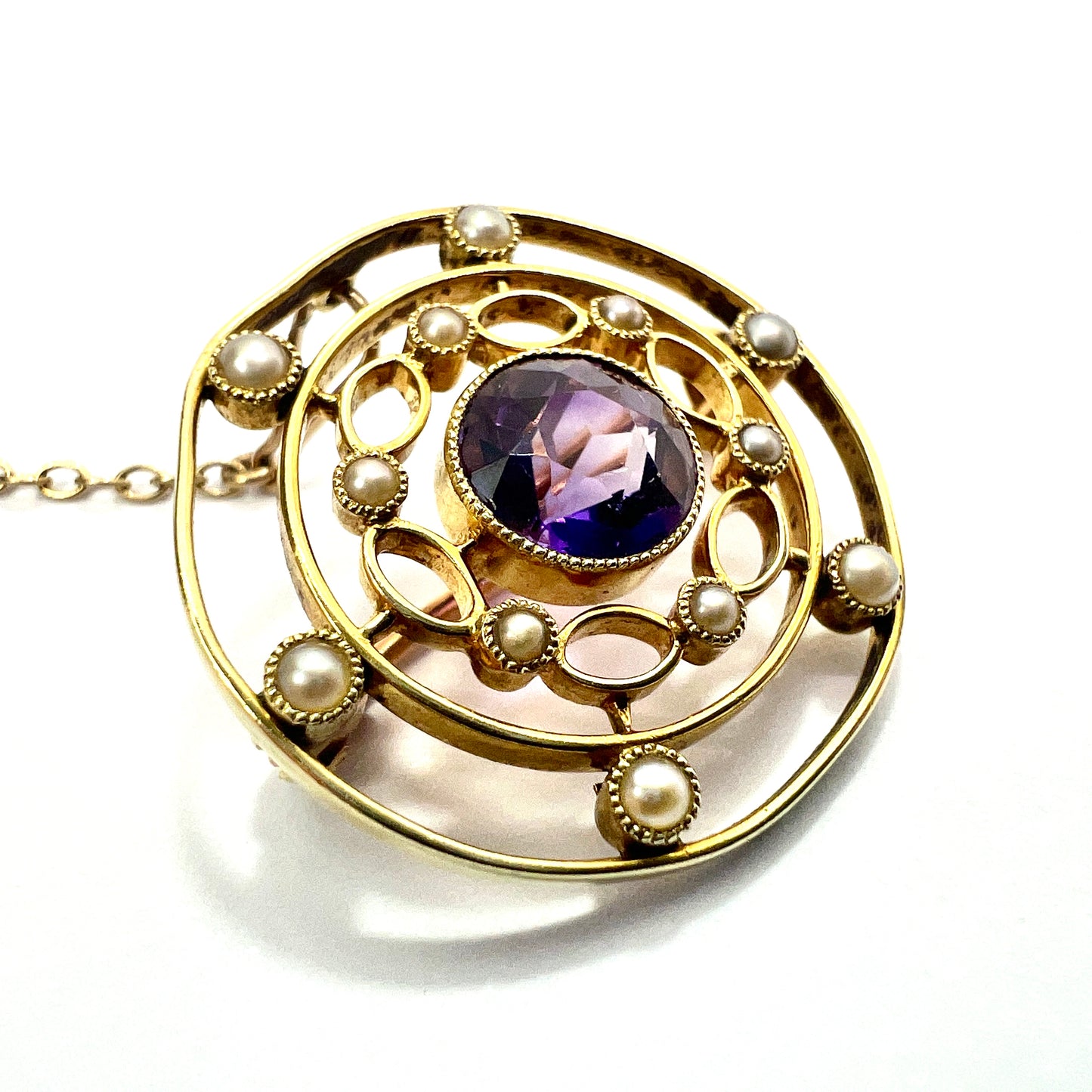 Edwardian 9CT Gold Amethyst and Pearl Target Brooch