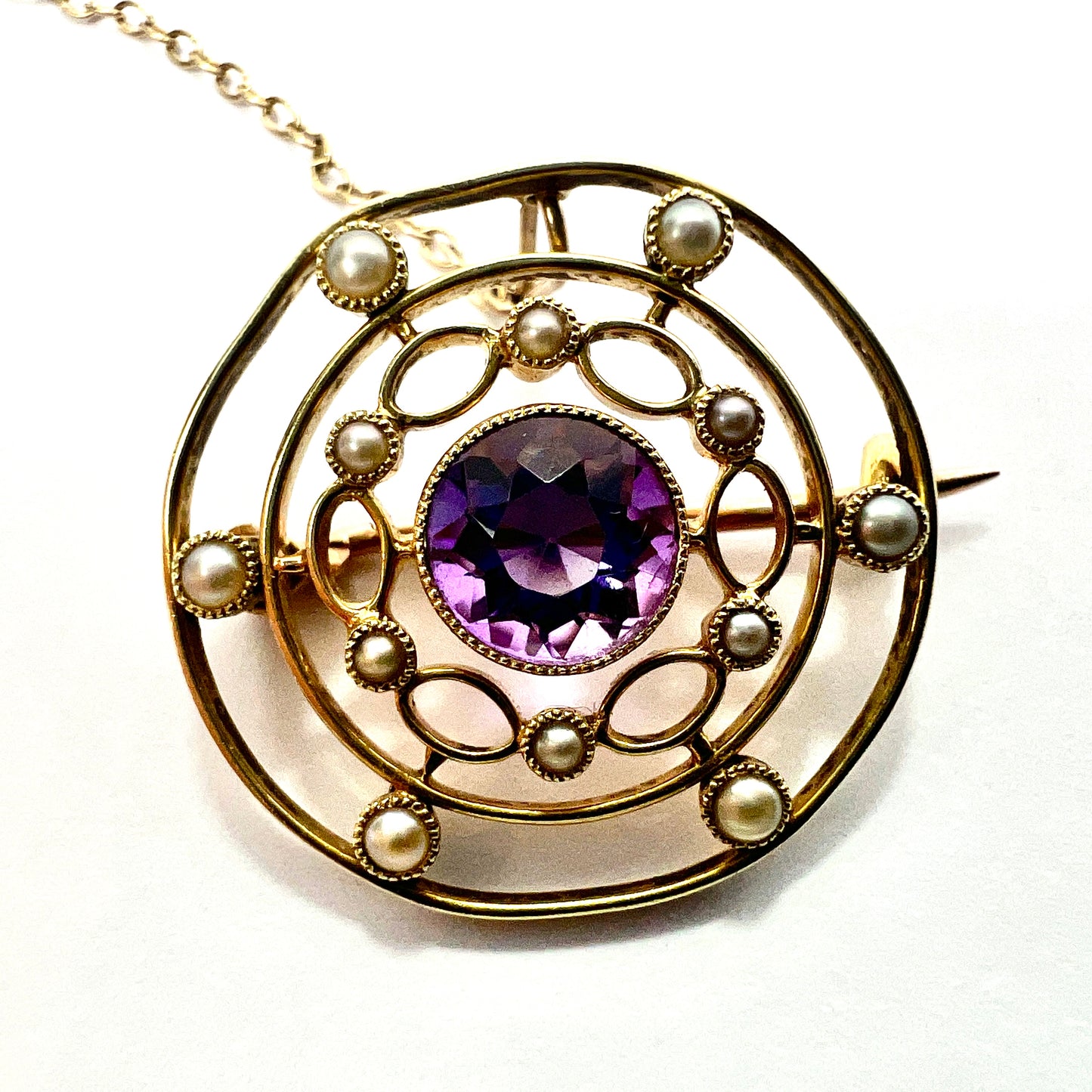 Edwardian 9CT Gold Amethyst and Pearl Target Brooch