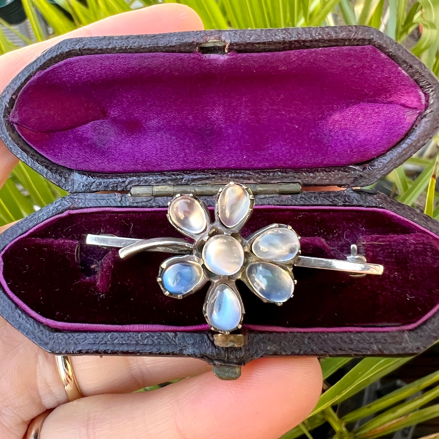 Antique Moonstone Silver Flower Brooch