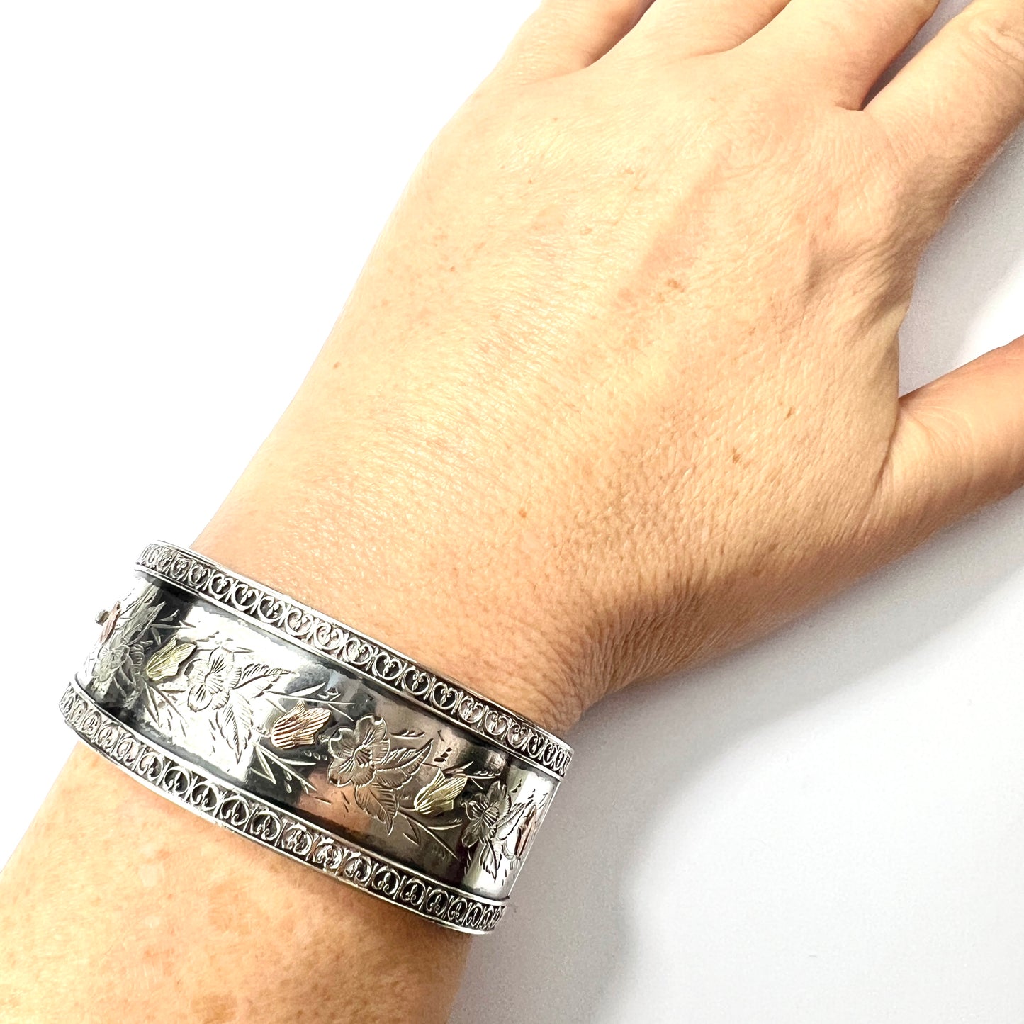Victorian Silver and Gold Hinged Flower Bangle