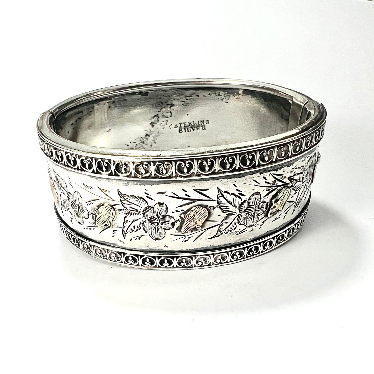 Victorian Silver and Gold Hinged Flower Bangle